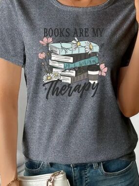 Books Are My Therapy Graphic Tee - Heather Charcoal with Pastel Accents